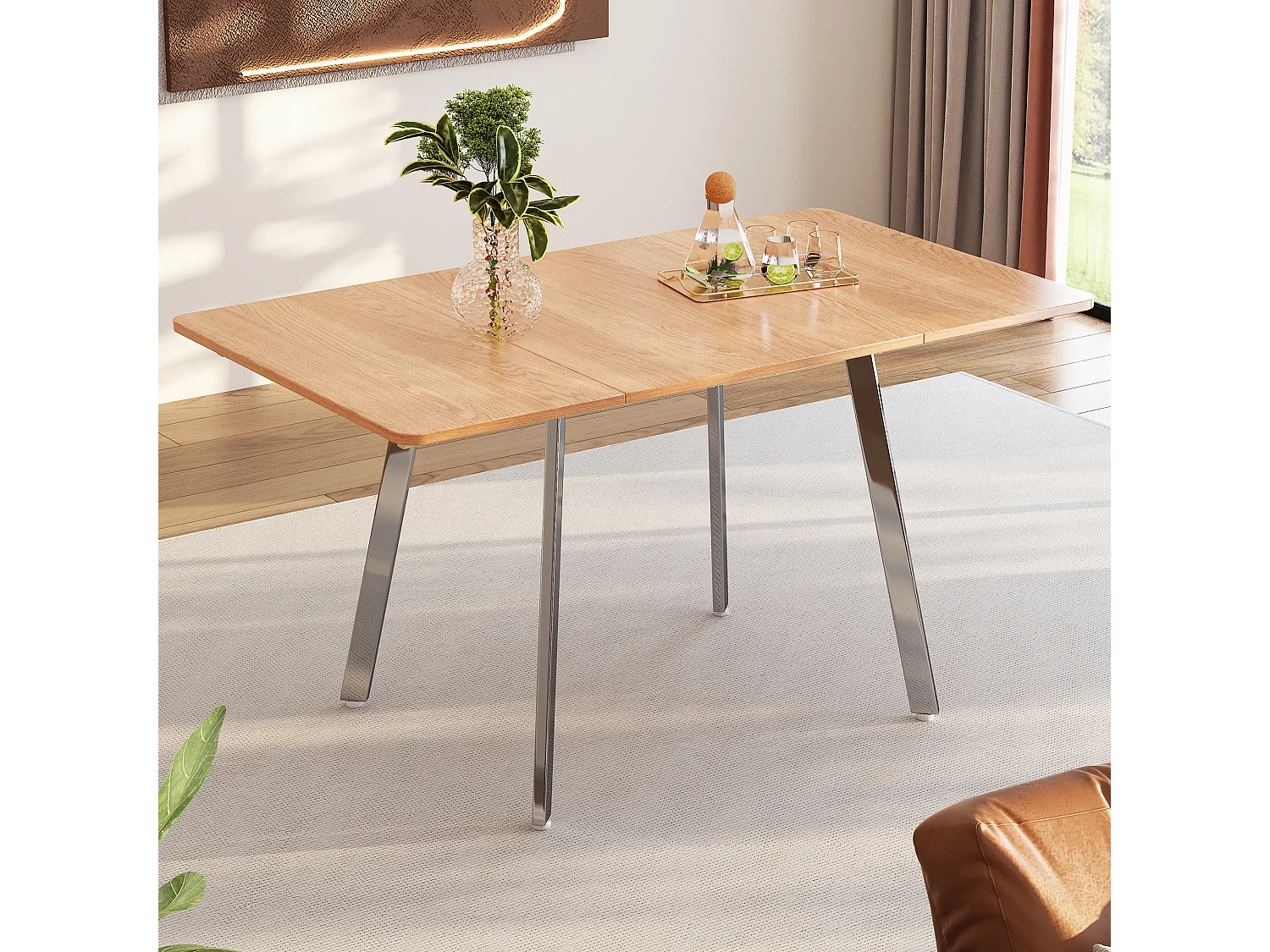 Table à manger 4 à 6 couverts - L 140 x l 80 x H 75 cm - Bois MDF et métal - Naturel