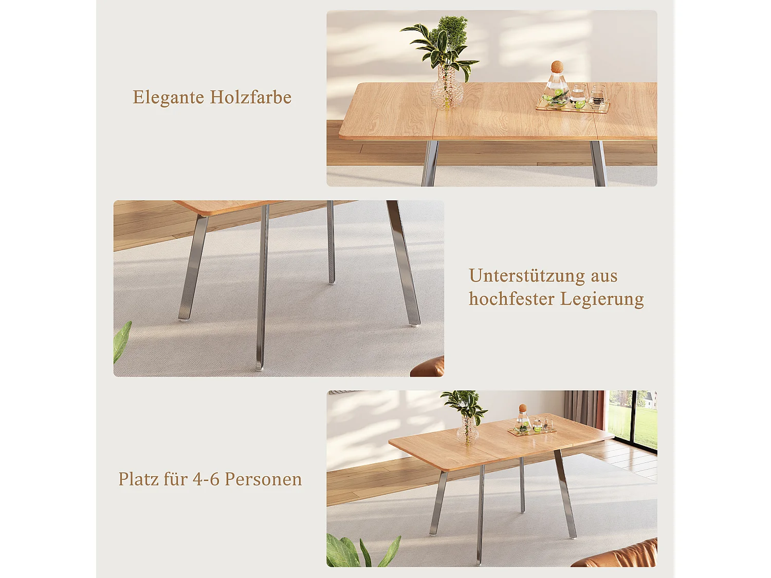 Table à manger 4 à 6 couverts - L 140 x l 80 x H 75 cm - Bois MDF et métal - Naturel