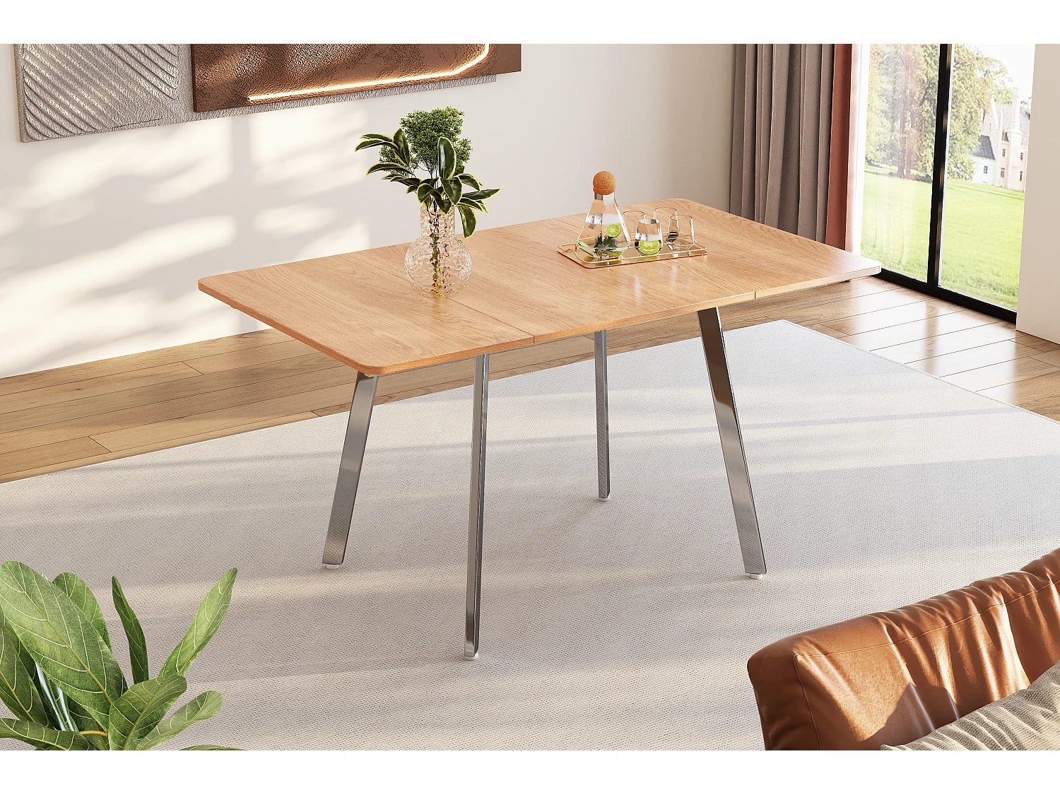 Table à manger 4 à 6 couverts - L 140 x l 80 x H 75 cm - Bois MDF et métal - Naturel