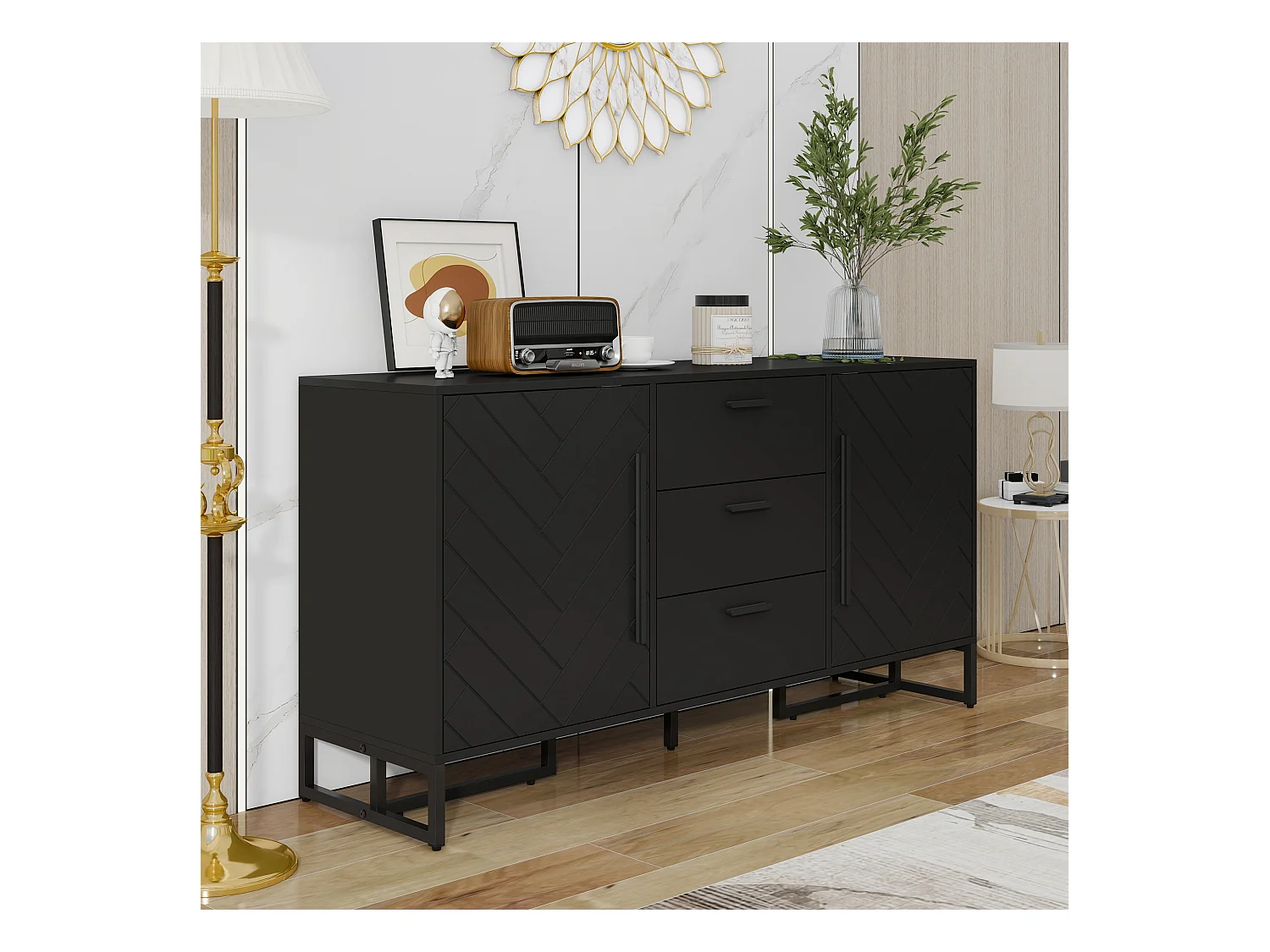 Buffet moderne avec 2 portes et 3 tiroirs - 145 x 40 x 75 cm - MDF - pour salon ou cuisine - Noir