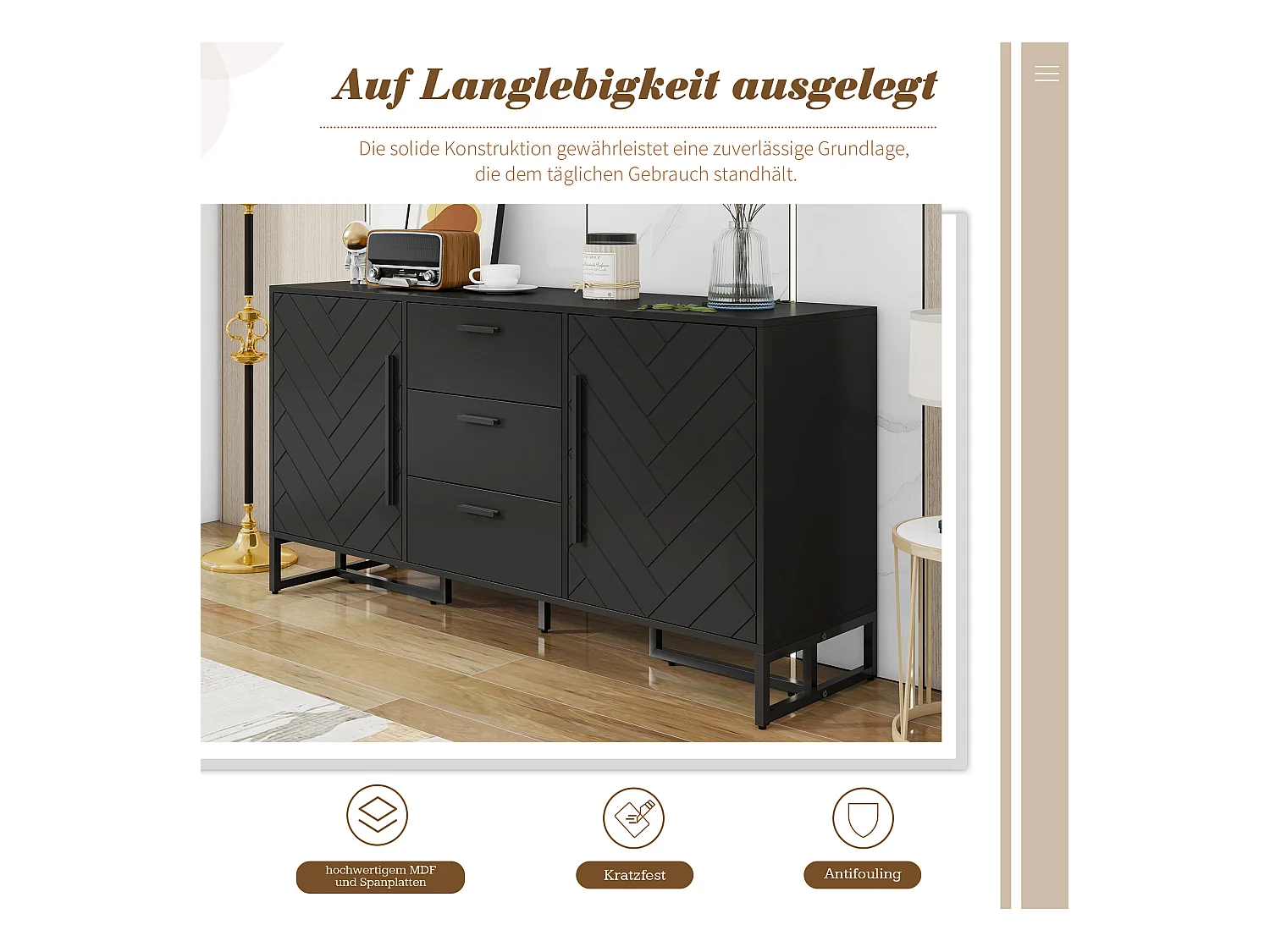 Buffet moderne avec 2 portes et 3 tiroirs - 145 x 40 x 75 cm - MDF - pour salon ou cuisine - Noir