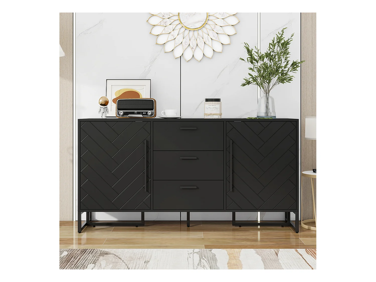 Buffet moderne avec 2 portes et 3 tiroirs - 145 x 40 x 75 cm - MDF - pour salon ou cuisine - Noir