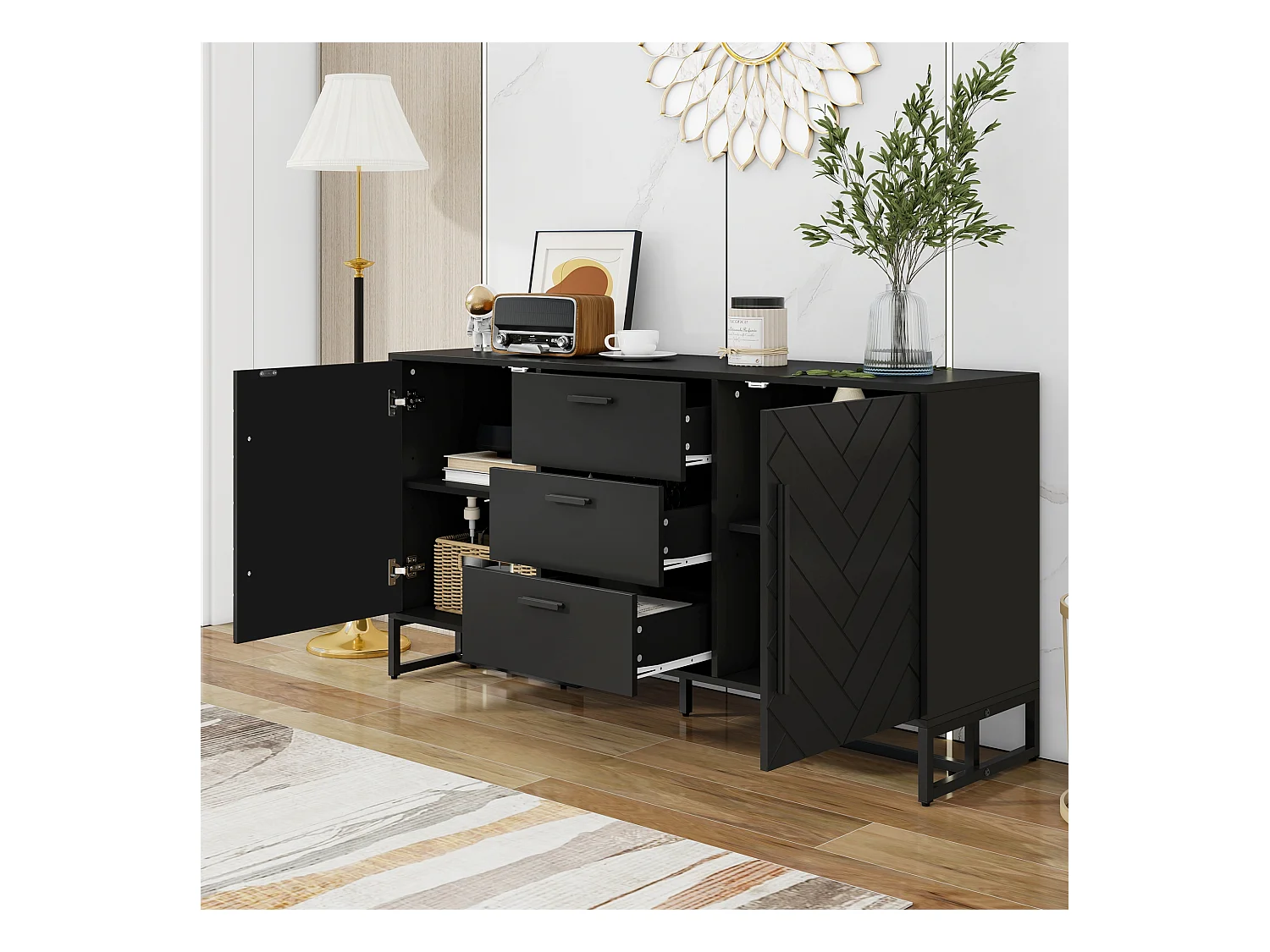 Buffet moderne avec 2 portes et 3 tiroirs - 145 x 40 x 75 cm - MDF - pour salon ou cuisine - Noir