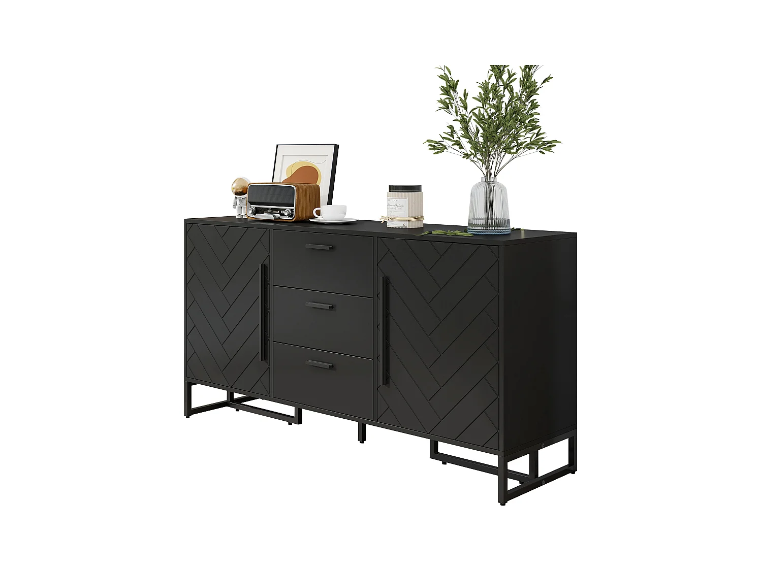 Buffet moderne avec 2 portes et 3 tiroirs - 145 x 40 x 75 cm - MDF - pour salon ou cuisine - Noir