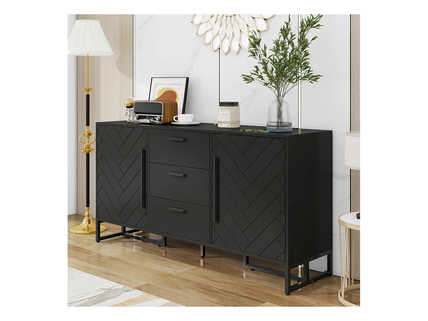 Buffet moderne avec 2 portes et 3 tiroirs - 145 x 40 x 75 cm - MDF - pour salon ou cuisine - Noir