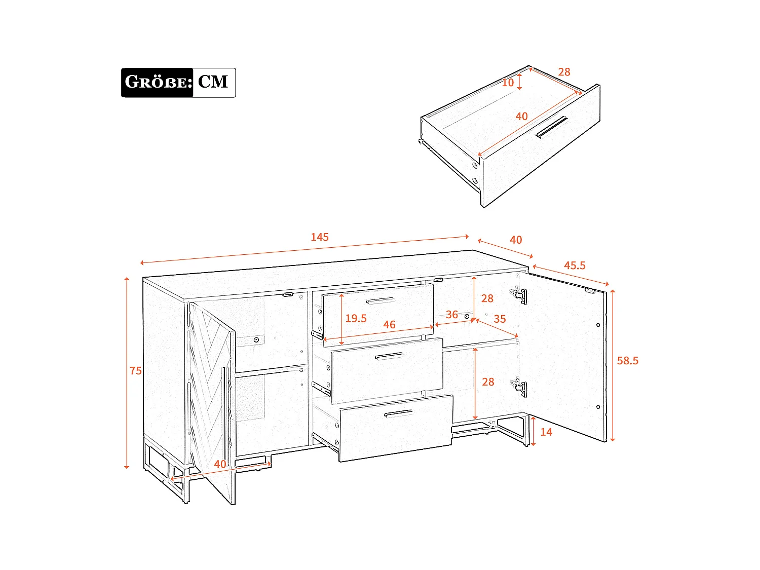 Buffet moderne avec 2 portes et 3 tiroirs - 145 x 40 x 75 cm - MDF - pour salon ou cuisine - Noir