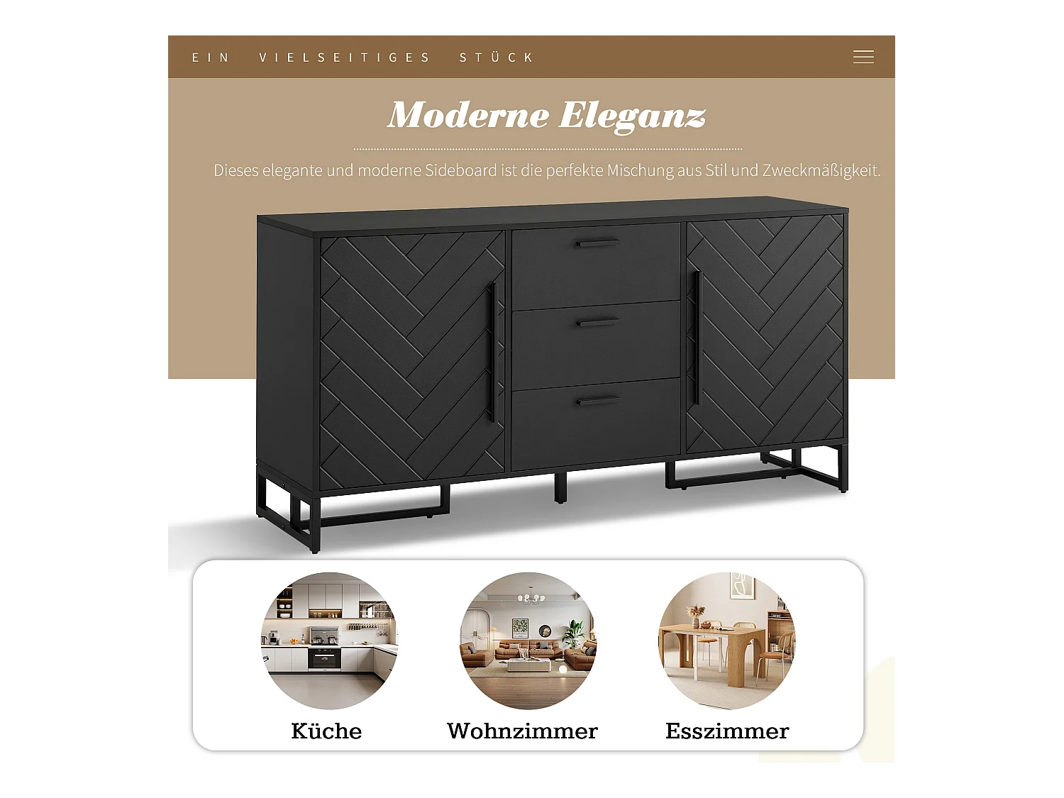 Buffet moderne avec 2 portes et 3 tiroirs - 145 x 40 x 75 cm - MDF - pour salon ou cuisine - Noir