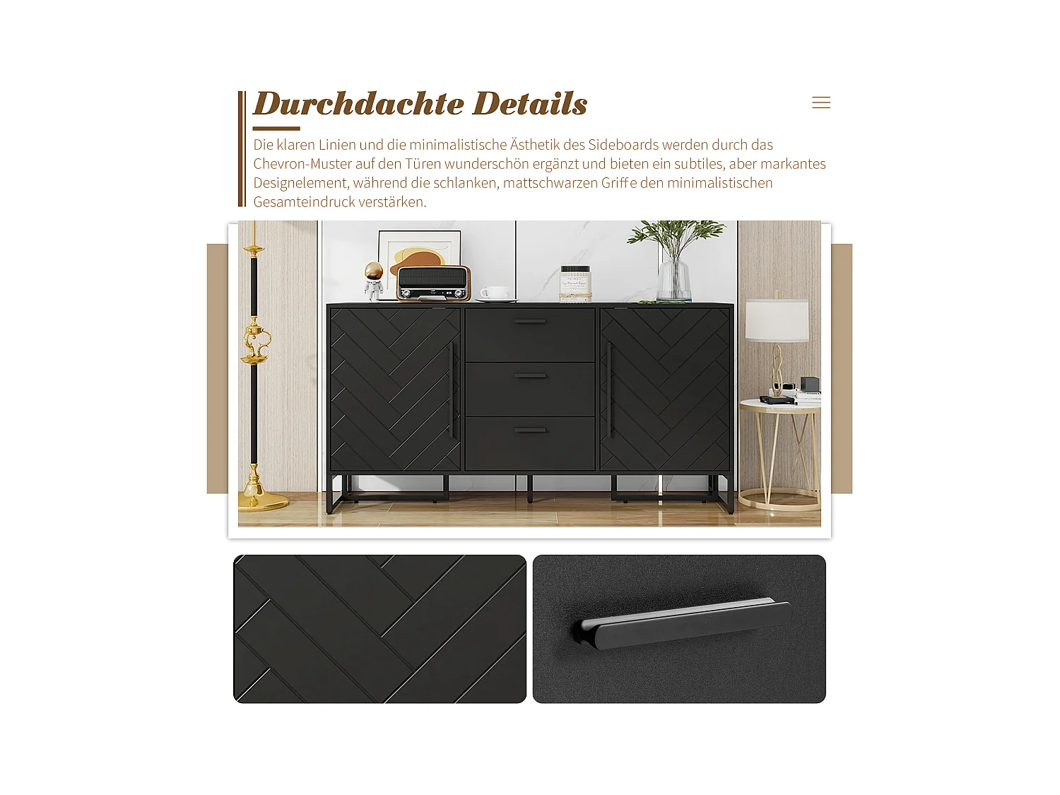 Buffet moderne avec 2 portes et 3 tiroirs - 145 x 40 x 75 cm - MDF - pour salon ou cuisine - Noir