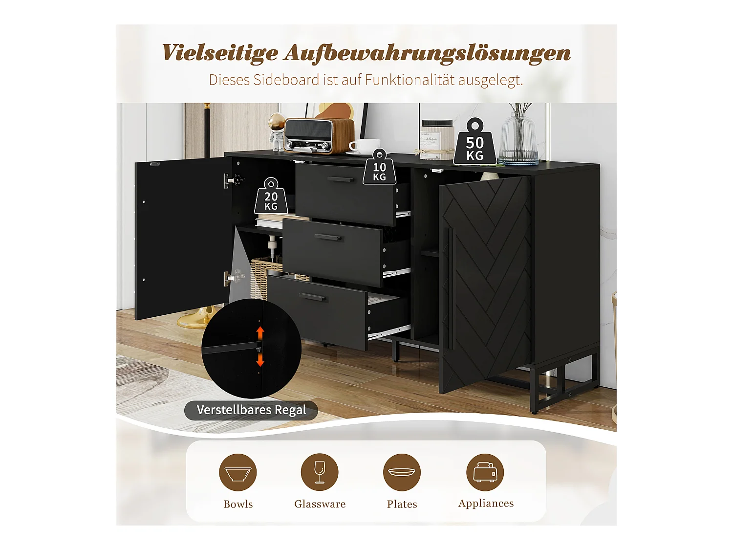 Buffet moderne avec 2 portes et 3 tiroirs - 145 x 40 x 75 cm - MDF - pour salon ou cuisine - Noir
