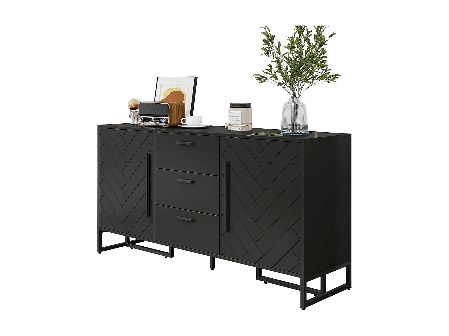 Buffet moderne avec 2 portes et 3 tiroirs - 145 x 40 x 75 cm - MDF - pour salon ou cuisine - Noir