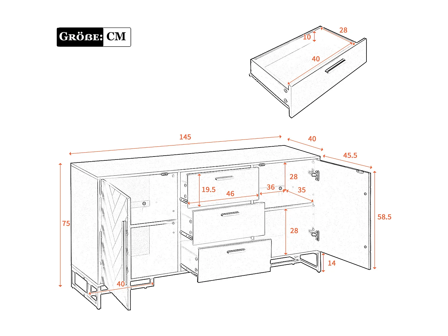 Buffet moderne avec 2 portes et 3 tiroirs - 145 x 40 x 75 cm - MDF - pour salon ou cuisine - Noir