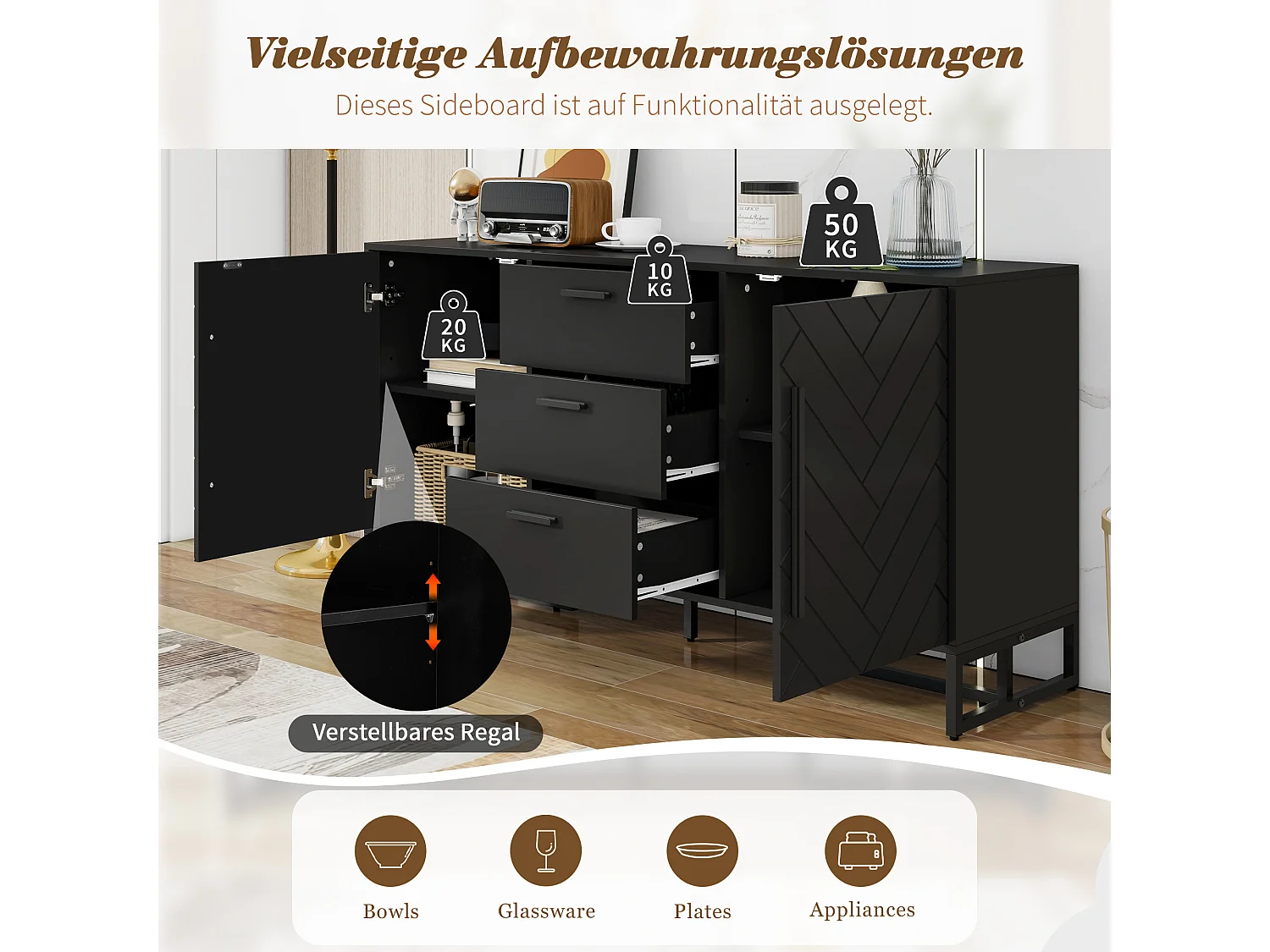 Buffet moderne avec 2 portes et 3 tiroirs - 145 x 40 x 75 cm - MDF - pour salon ou cuisine - Noir