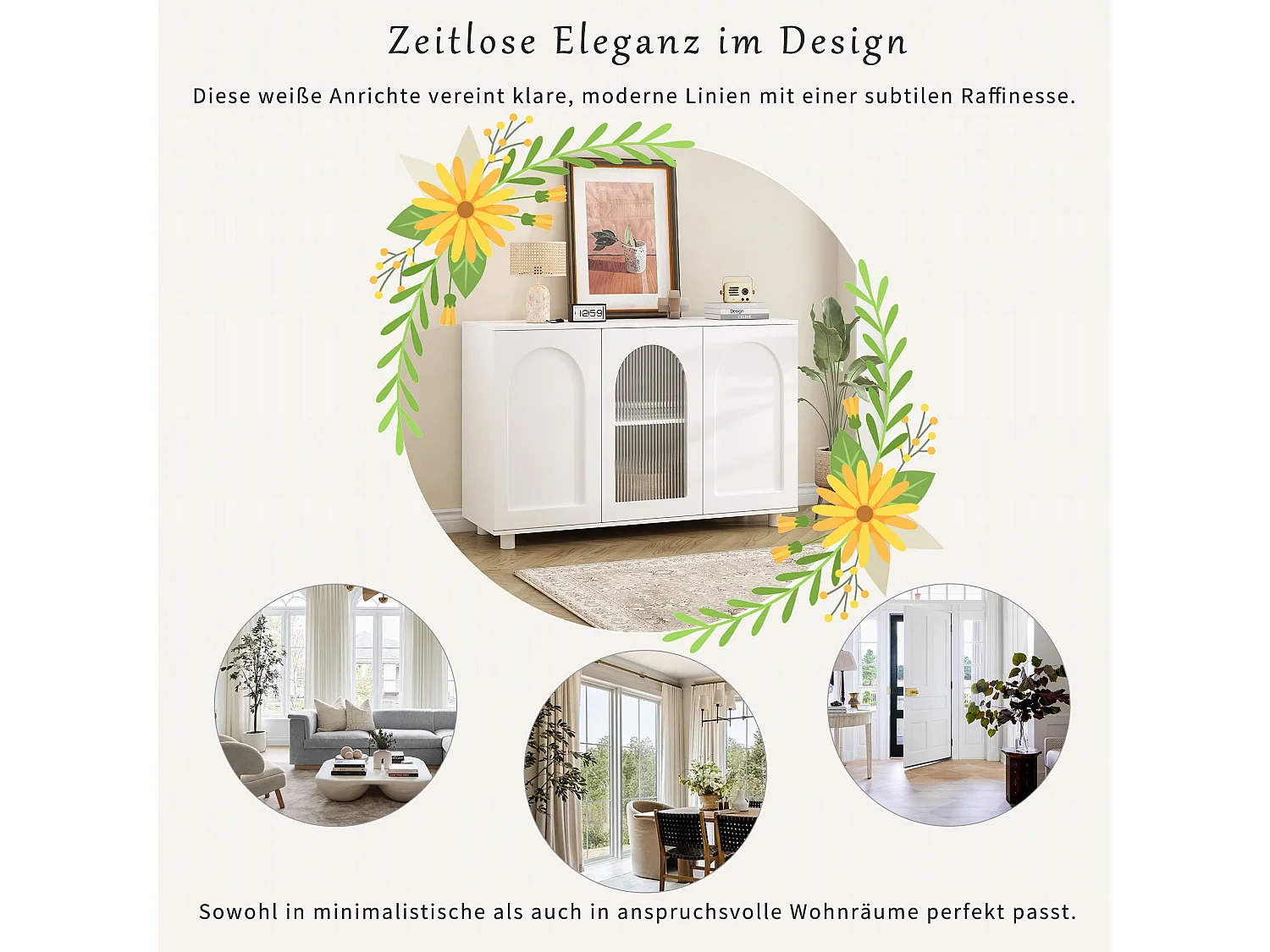 Buffet moderne avec 3 portes  - 120 x 40 x 78.5 cm - MDF et panneaux de particules - pour salon ou cuisine - Blanc