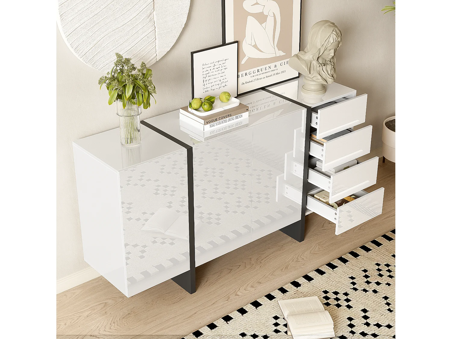 Komoda z 2 drzwiami i 3 szufladami - 150 x 40 x 80,5 cm - Płyta MDF i płyta wiórowa - Biały połysk