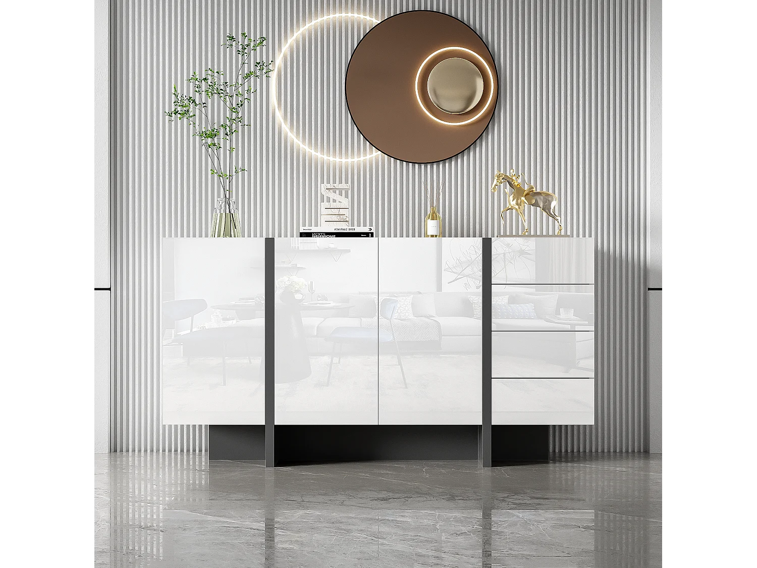 Komoda z 2 drzwiami i 3 szufladami - 150 x 40 x 80,5 cm - Płyta MDF i płyta wiórowa - Biały połysk