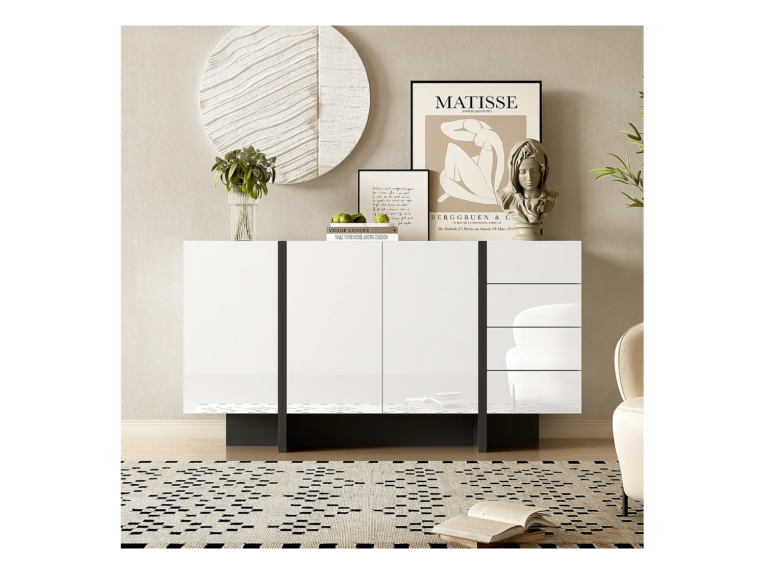 Buffet avec 2 portes et 3 tiroirs - 150 x 40 x 80.5 cm - MDF et panneaux de particules - Blanc brillant