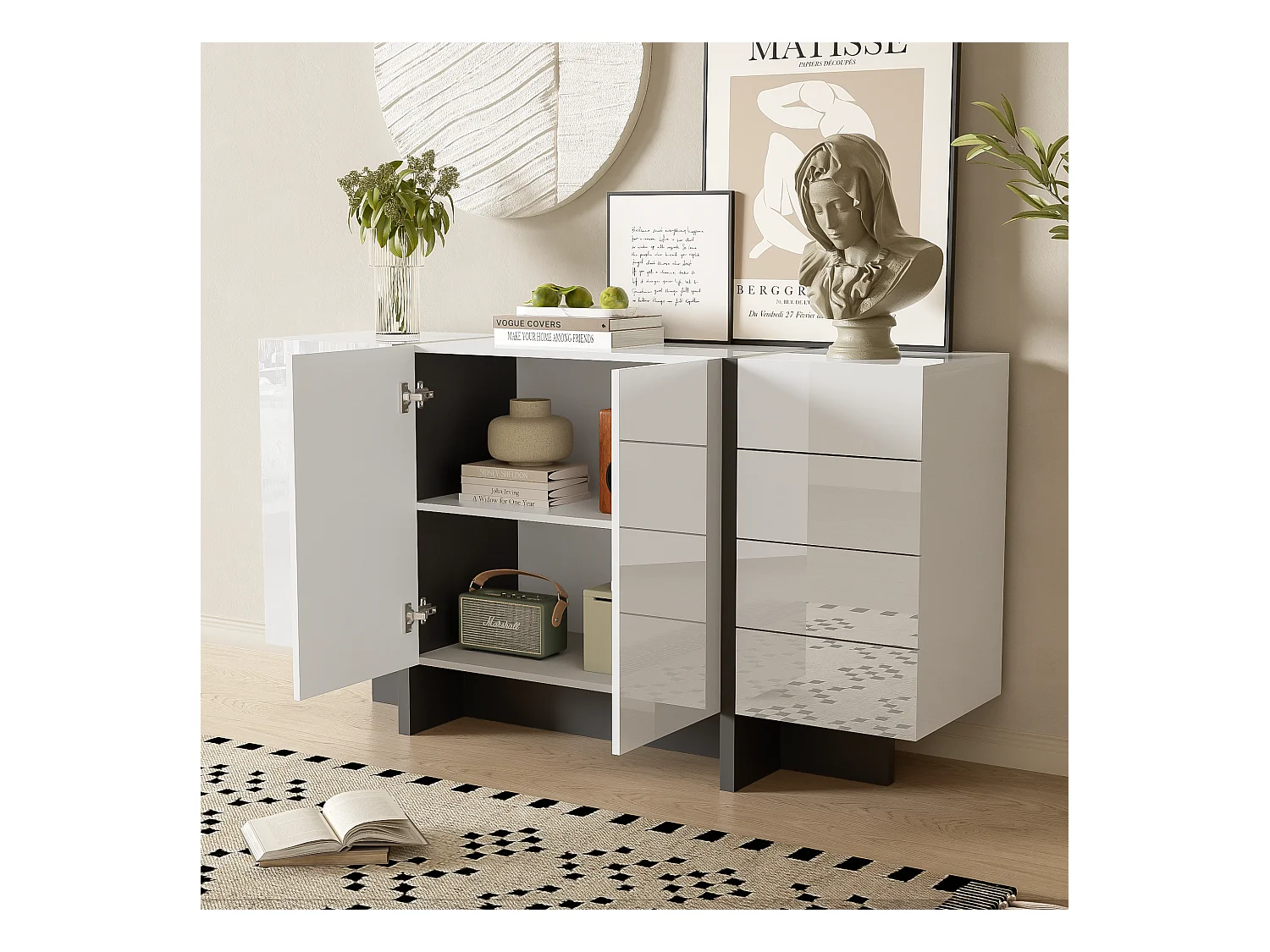 Buffet avec 2 portes et 3 tiroirs - 150 x 40 x 80.5 cm - MDF et panneaux de particules - Blanc brillant