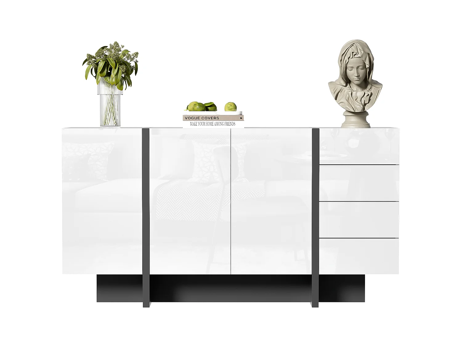 Buffet avec 2 portes et 3 tiroirs - 150 x 40 x 80.5 cm - MDF et panneaux de particules - Blanc brillant