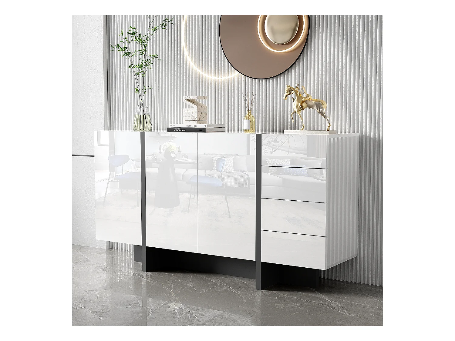 Buffet avec 2 portes et 3 tiroirs - 150 x 40 x 80.5 cm - MDF et panneaux de particules - Blanc brillant