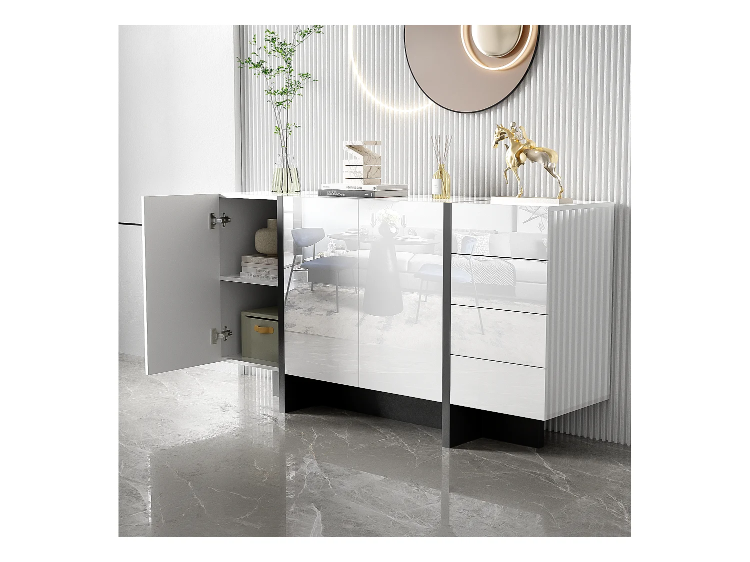 Buffet avec 2 portes et 3 tiroirs - 150 x 40 x 80.5 cm - MDF et panneaux de particules - Blanc brillant