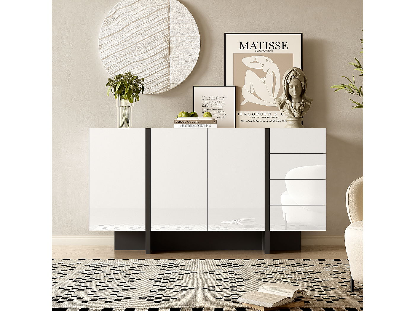Skadu V4 Credenza, mobile con 2 ante, 3 cassetti e 1 scomparto a giorno, bianco opaco/nero opaco