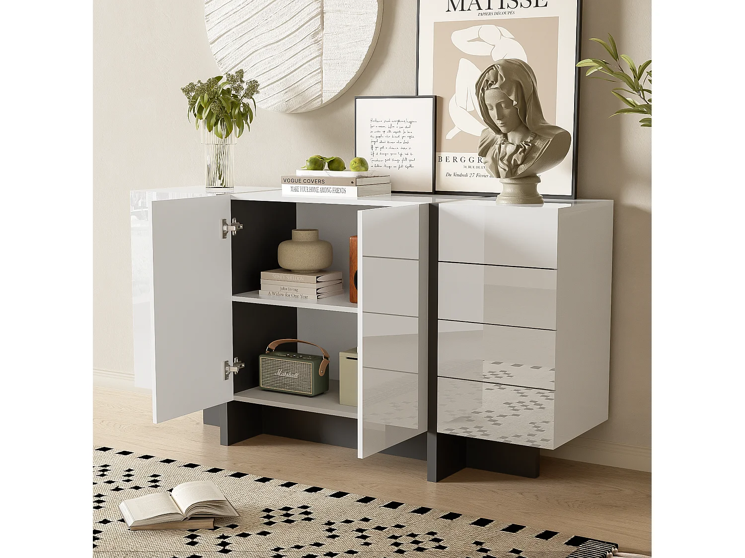 Dressoir met 2 deuren en 3 lades - 150 x 40 x 80,5 cm - MDF en spaanplaat - Glanzend wit