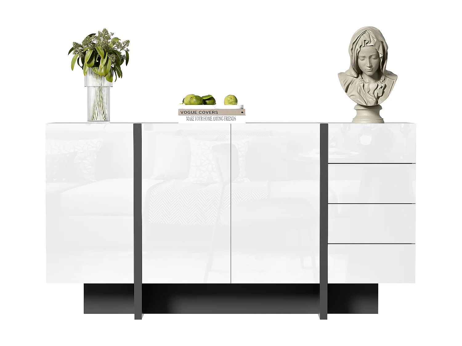 Dressoir met 2 deuren en 3 lades - 150 x 40 x 80,5 cm - MDF en spaanplaat - Glanzend wit