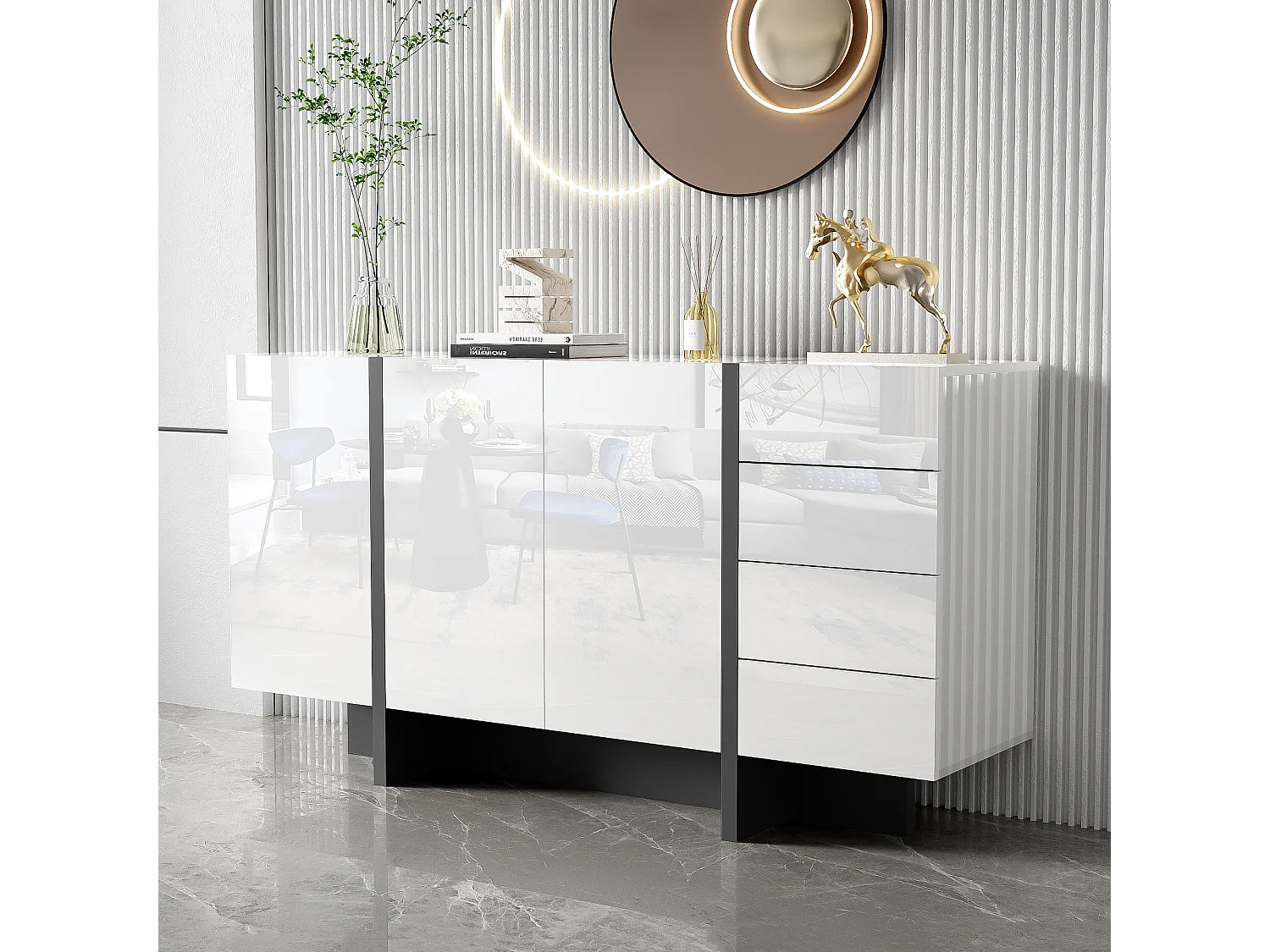 Dressoir met 2 deuren en 3 lades - 150 x 40 x 80,5 cm - MDF en spaanplaat - Glanzend wit