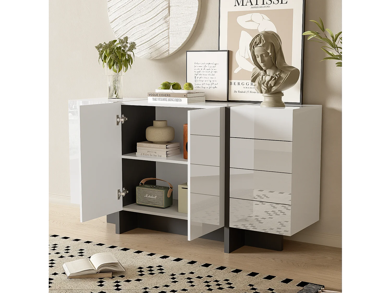 Aparador com 2 portas e 3 gavetas - 150 x 40 x 80,5 cm - MDF e aglomerado - Branco brilhante