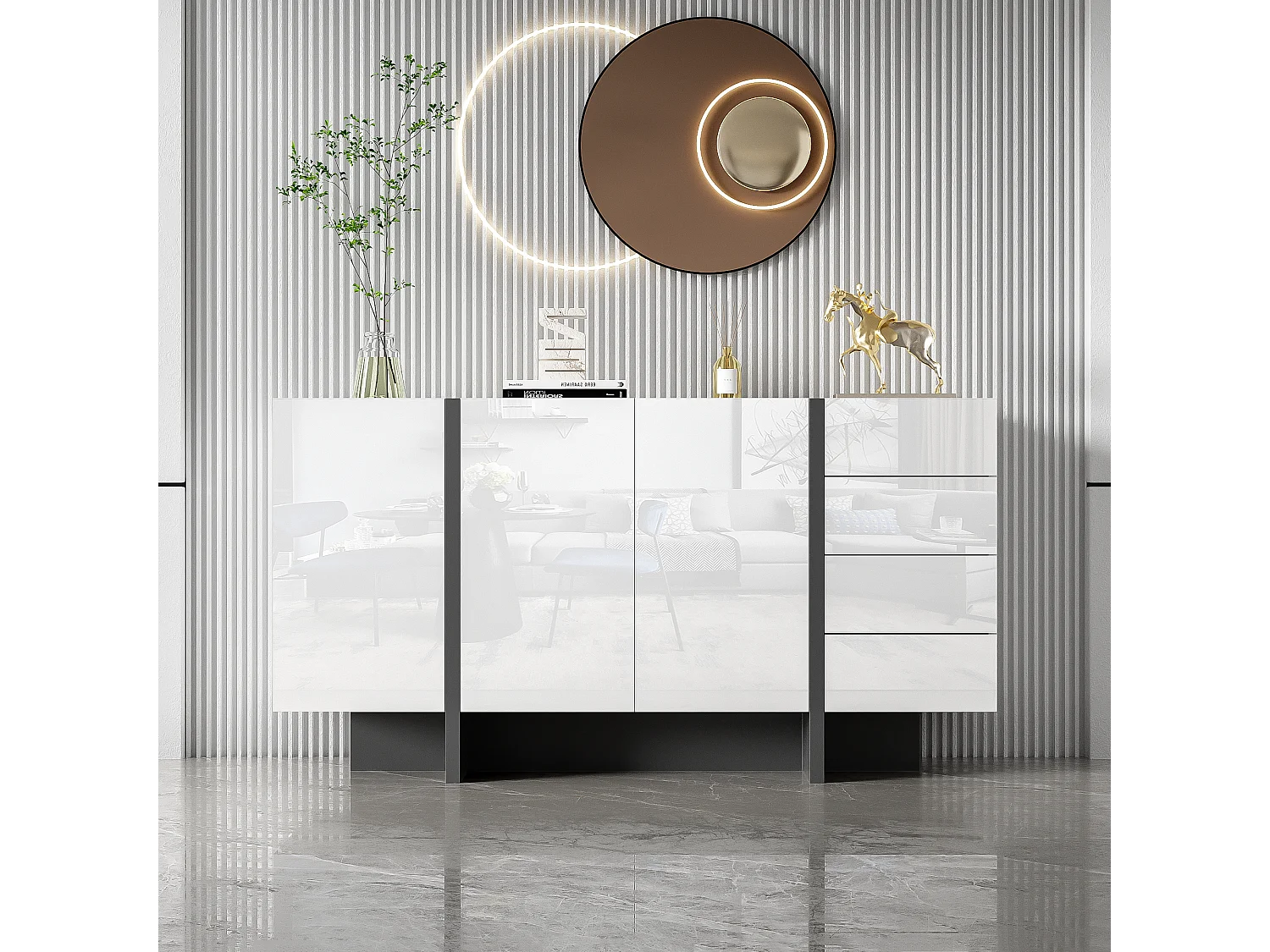 Aparador com 2 portas e 3 gavetas - 150 x 40 x 80,5 cm - MDF e aglomerado - Branco brilhante