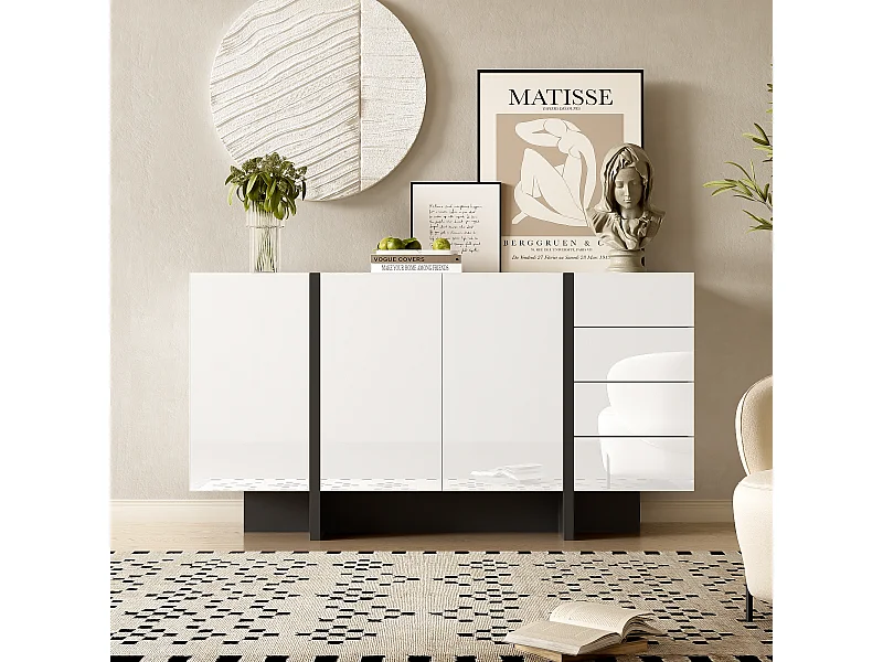 Sideboard mit 2 Türen und 3 Schubladen – 150 x 40 x 80,5 cm – MDF und Spanplatte – Glänzendes Weiß