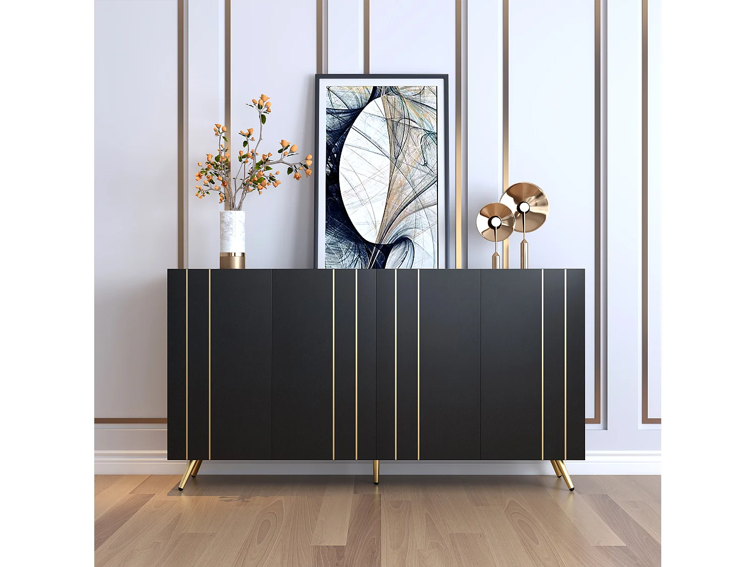 Aparador com 4 portas - 160 x 38 x 80 cm - Aglomerado e metal dourado - Preto