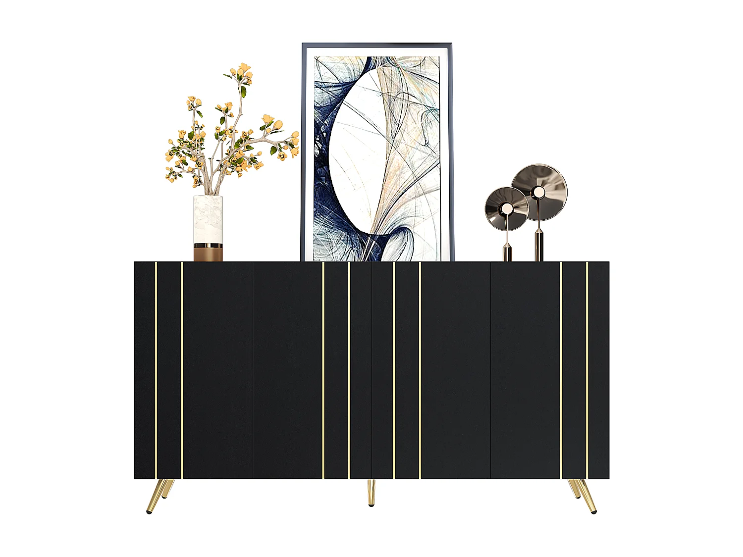 Aparador com 4 portas - 160 x 38 x 80 cm - Aglomerado e metal dourado - Preto