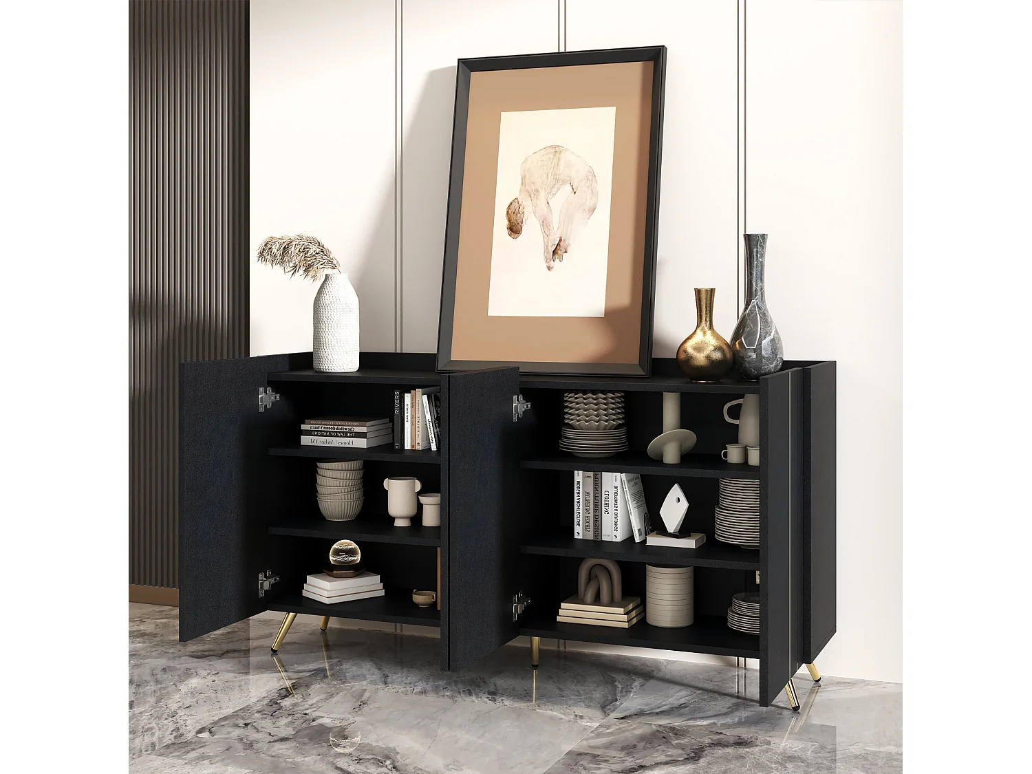 Aparador com 4 portas - 160 x 38 x 80 cm - Aglomerado e metal dourado - Preto