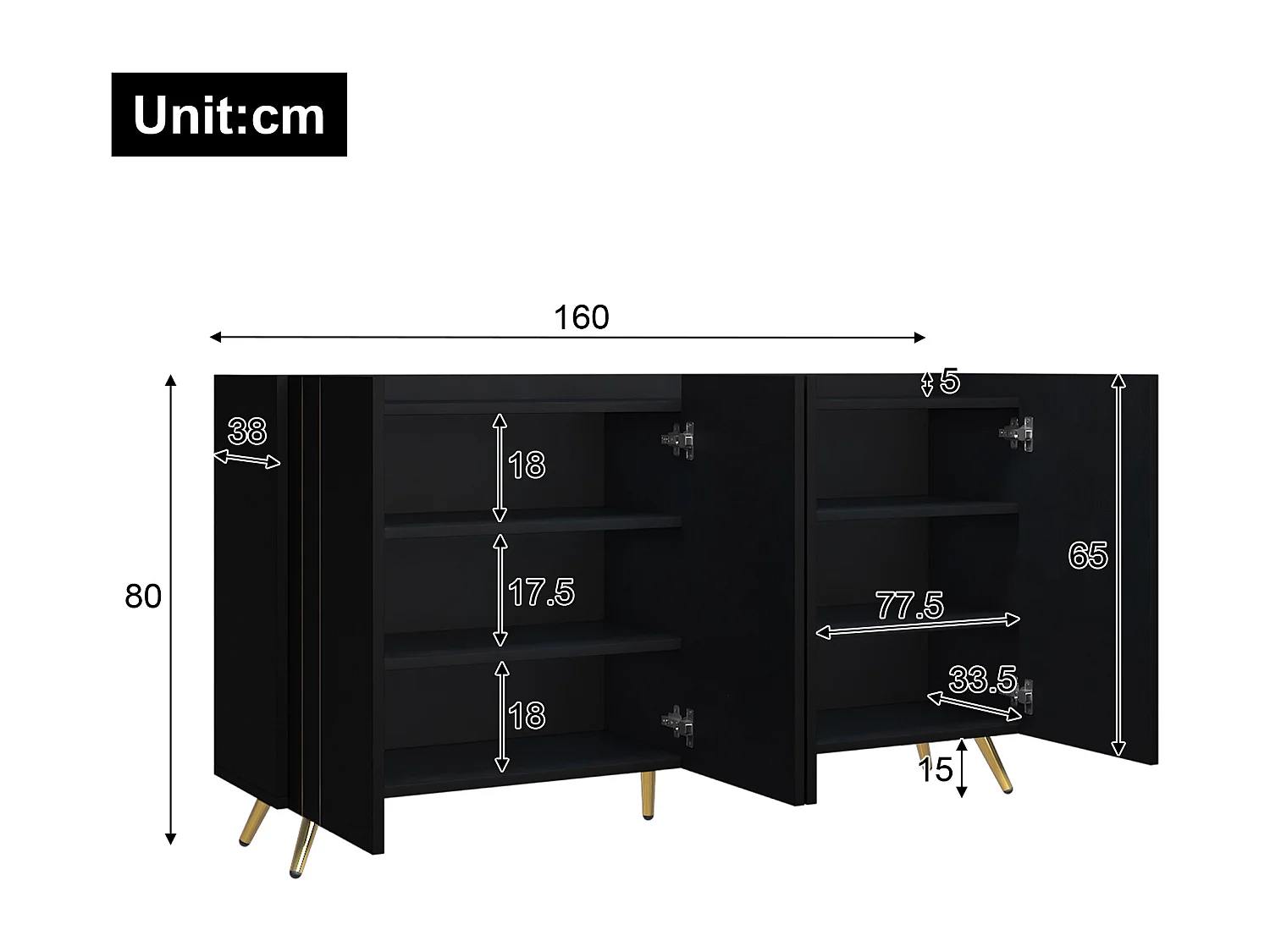 Aparador com 4 portas - 160 x 38 x 80 cm - Aglomerado e metal dourado - Preto