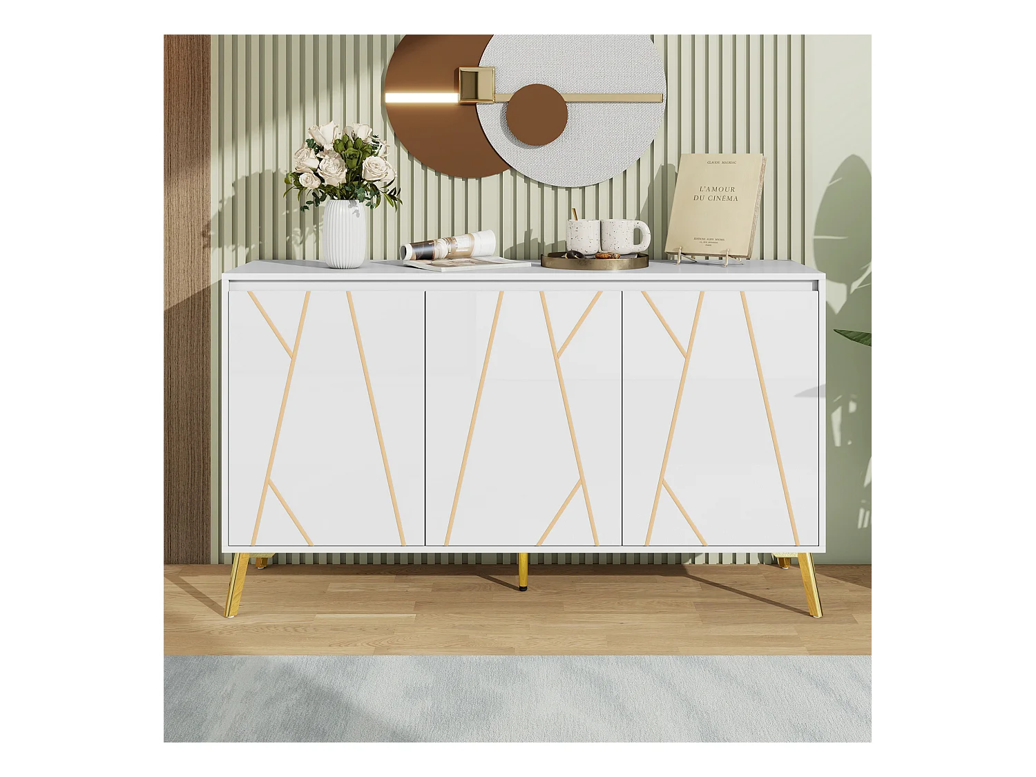 Buffet moderne avec 3 portes - 140 x 40 x 80 cm - MDF et métal - pour salon ou cuisine - Blanc et or