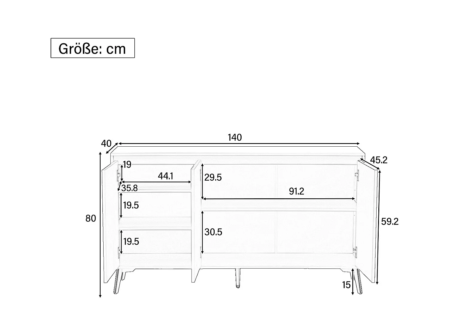 Buffet moderne avec 3 portes - 140 x 40 x 80 cm - MDF et métal - pour salon ou cuisine - Blanc et or