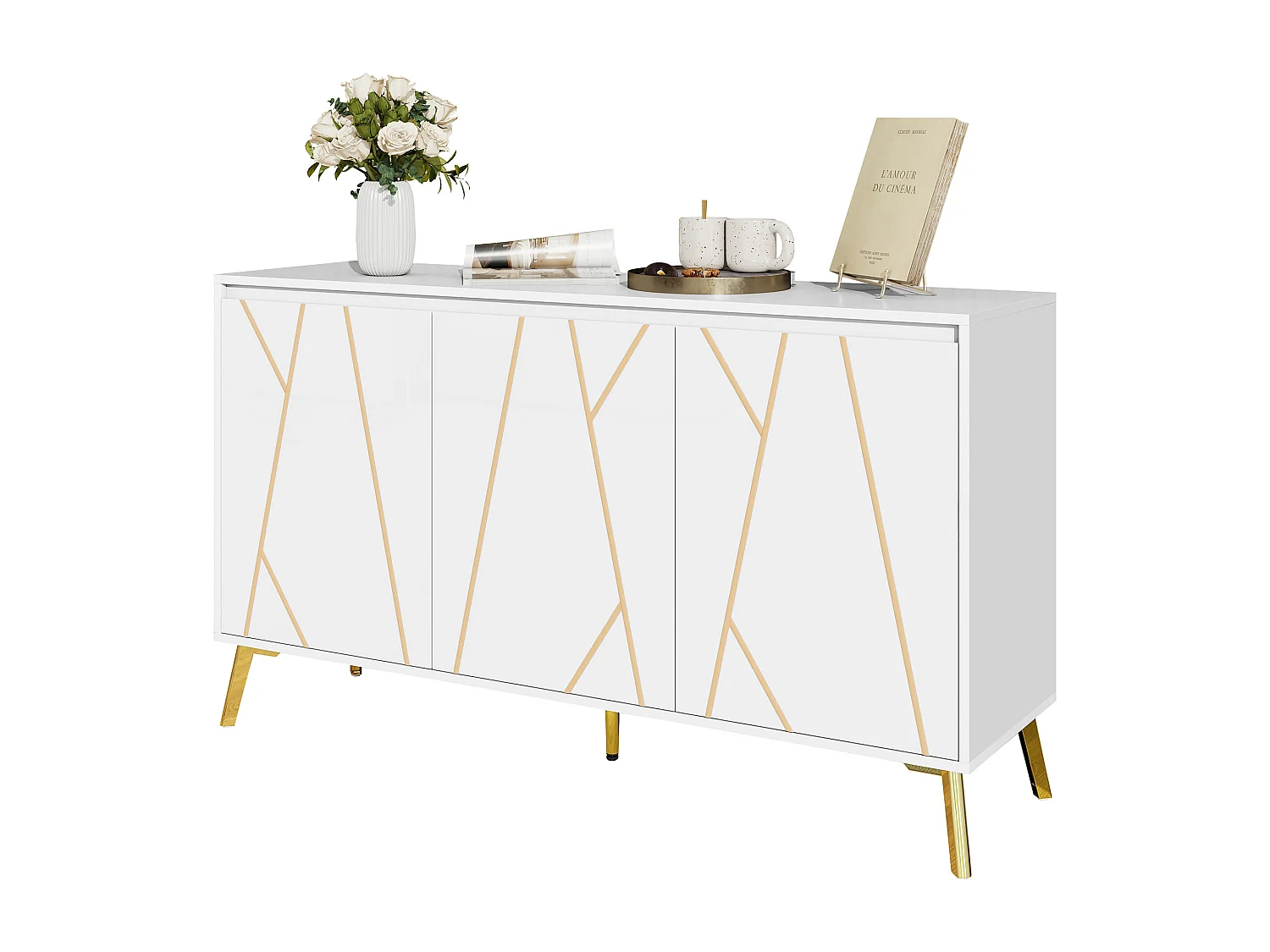 Buffet moderne avec 3 portes - 140 x 40 x 80 cm - MDF et métal - pour salon ou cuisine - Blanc et or