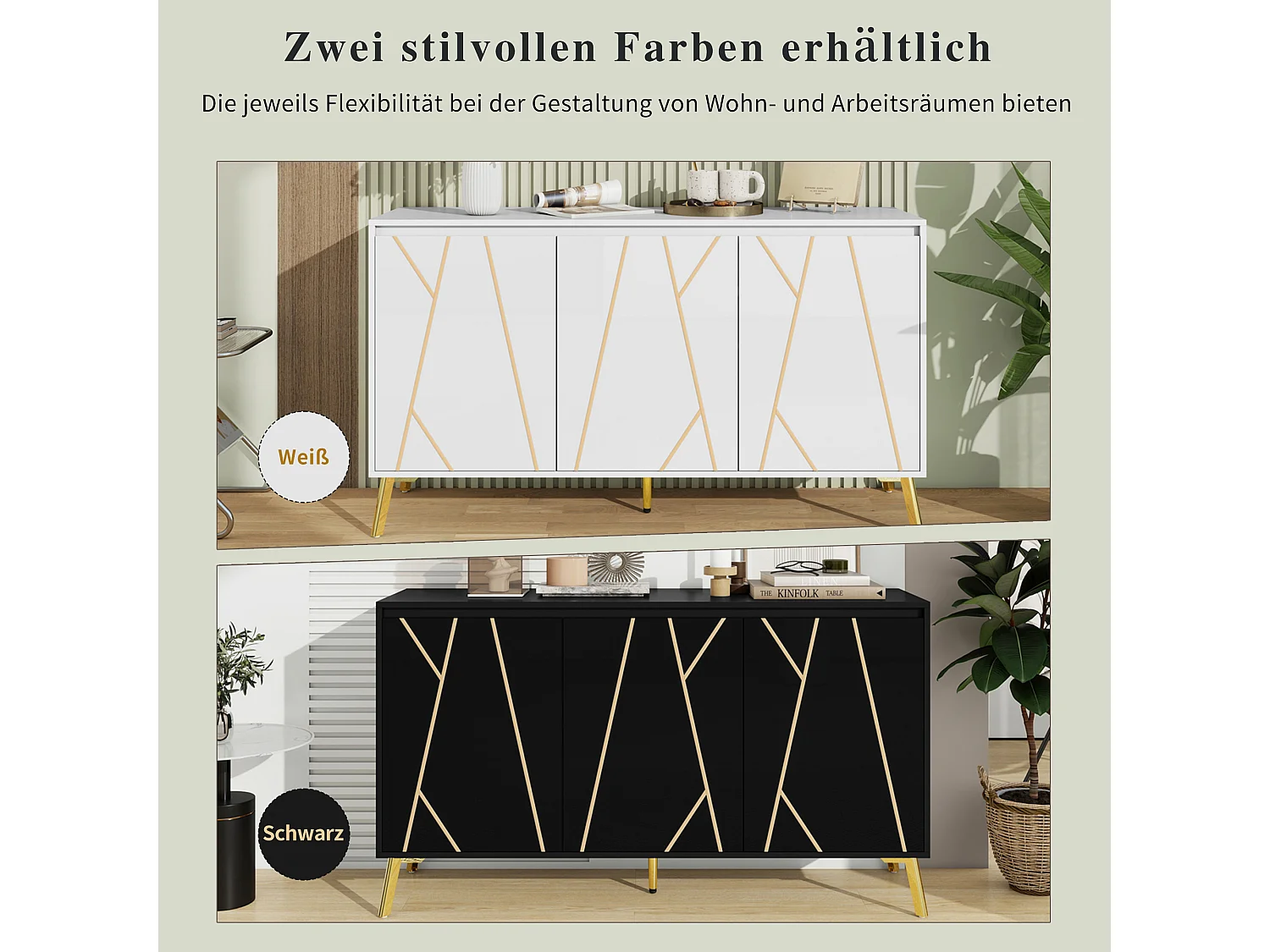 Buffet moderne avec 3 portes - 140 x 40 x 80 cm - MDF et métal - pour salon ou cuisine - Blanc et or