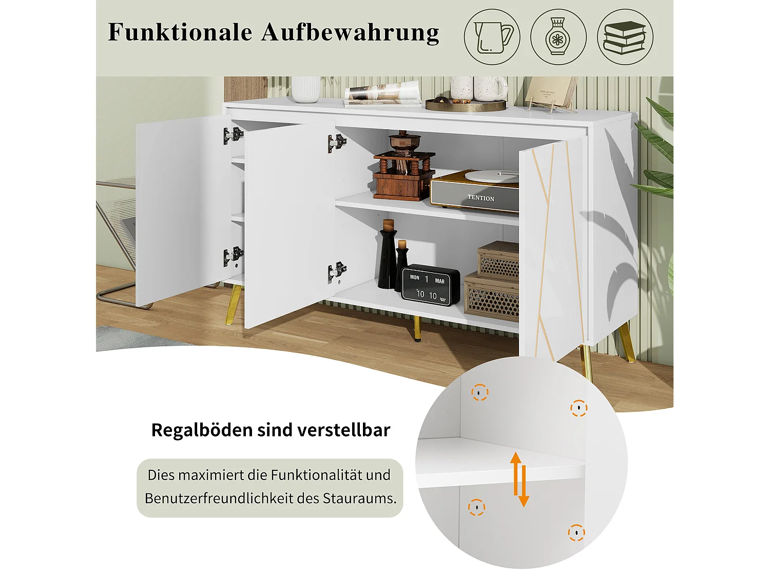 Buffet moderne avec 3 portes - 140 x 40 x 80 cm - MDF et métal - pour salon ou cuisine - Blanc et or