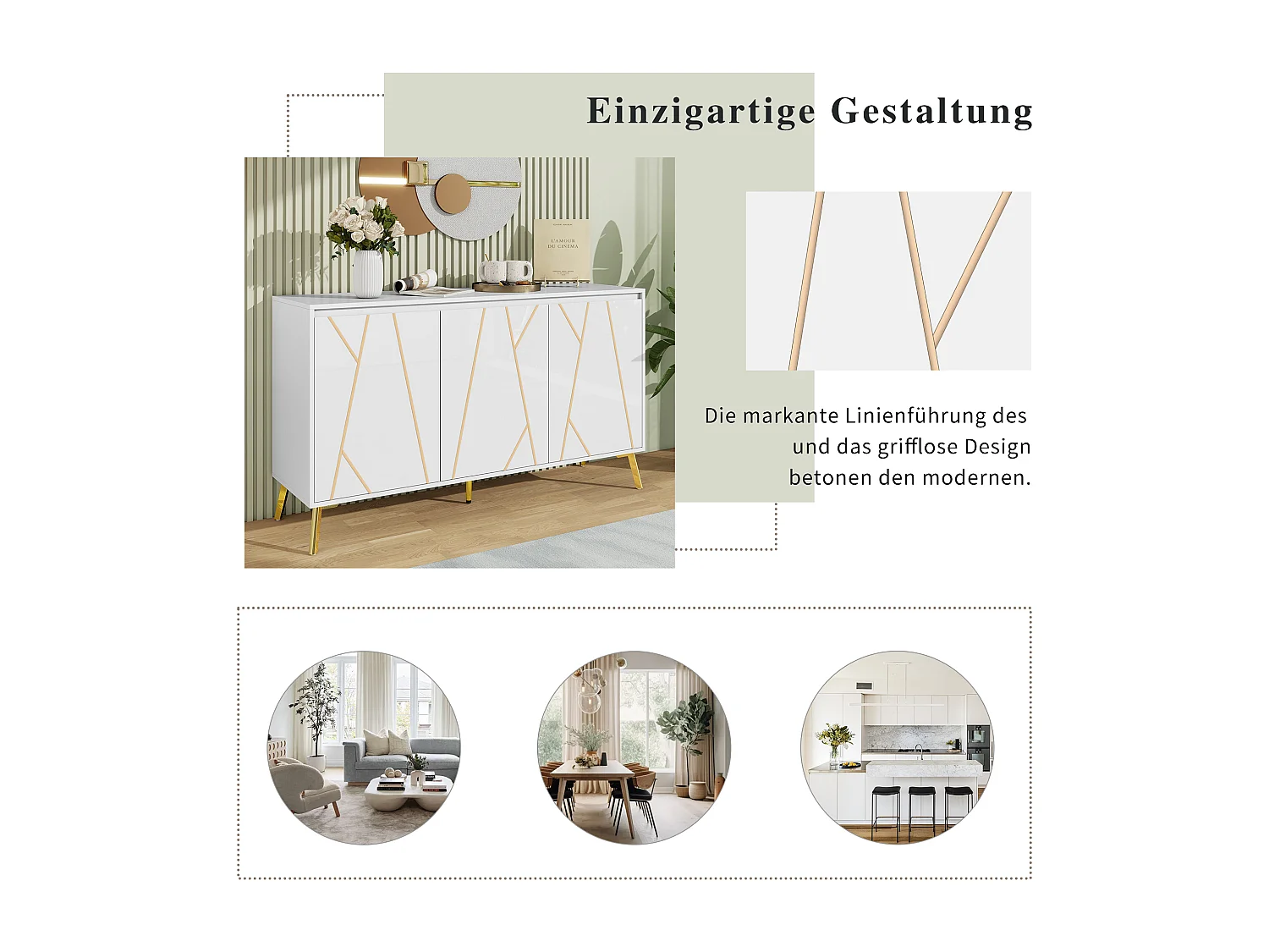 Buffet moderne avec 3 portes - 140 x 40 x 80 cm - MDF et métal - pour salon ou cuisine - Blanc et or