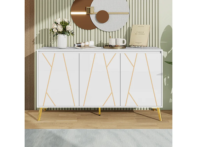 Nowoczesny kredens z 3 drzwiami - 140 x 40 x 80 cm - MDF i metal - do salonu lub kuchni - Biały i złoty