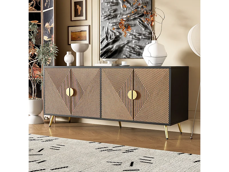 Komoda z 4 drzwiami - 160 x 40 x 75 cm - MDF i płyta wiórowa - Czarny i naturalny