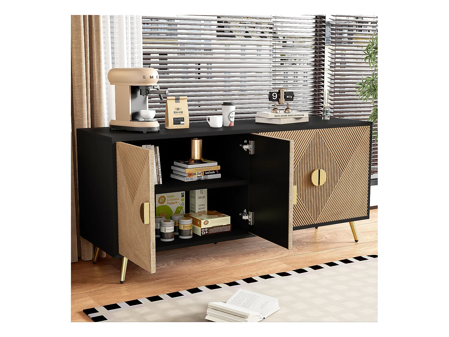 Buffet avec 4 portes - 160 x 40 x 75 cm - MDF et panneaux de particules - Noir et naturel