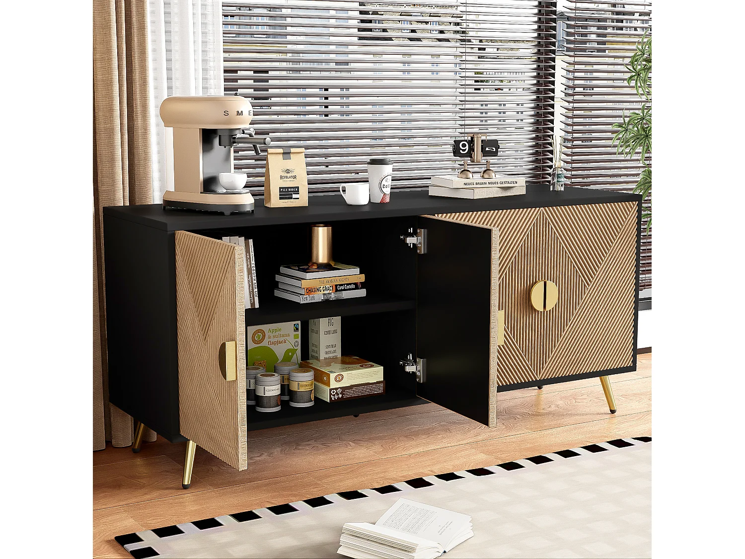 Buffet avec 4 portes - 160 x 40 x 75 cm - MDF et panneaux de particules - Noir et naturel