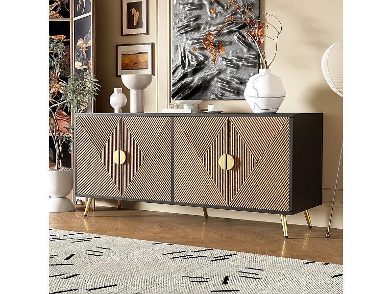 Komoda z 4 drzwiami - 160 x 40 x 75 cm - MDF i płyta wiórowa - Czarny i naturalny