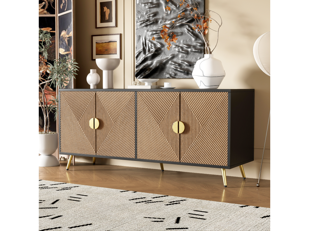 Dressoir met 4 deuren - 160 x 40 x 75 cm - MDF en spaanplaat - Zwart en naturel