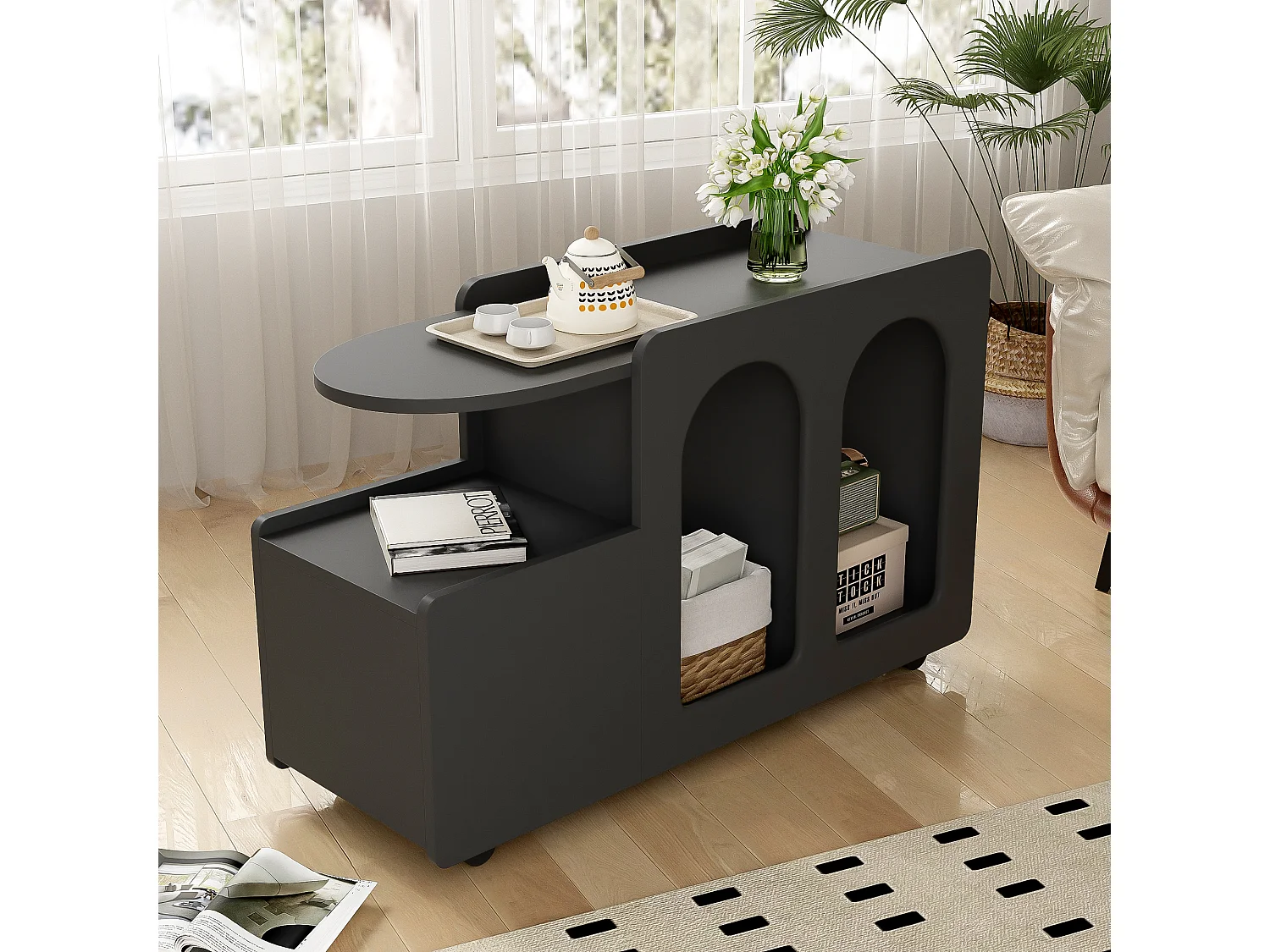 Buffet amovible à roulettes avec 1 tiroir et 3 compartiments - 82 x 30 x 53 cm - Panneau de particules - Noir