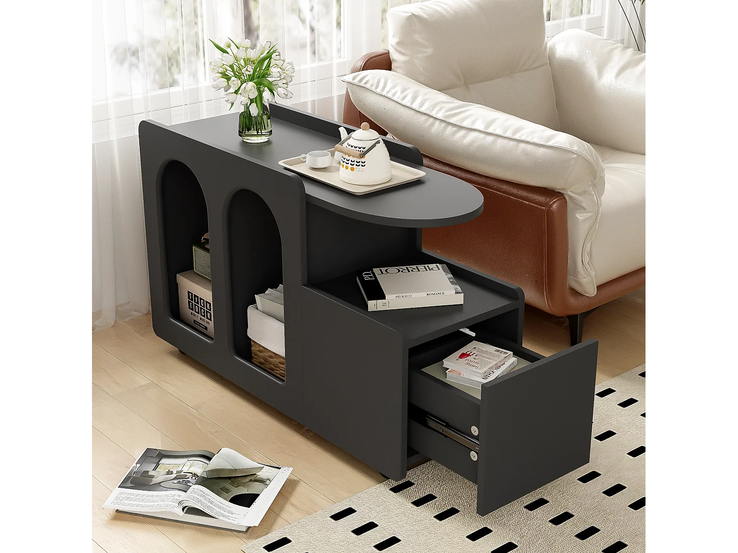 Buffet amovible à roulettes avec 1 tiroir et 3 compartiments - 82 x 30 x 53 cm - Panneau de particules - Noir