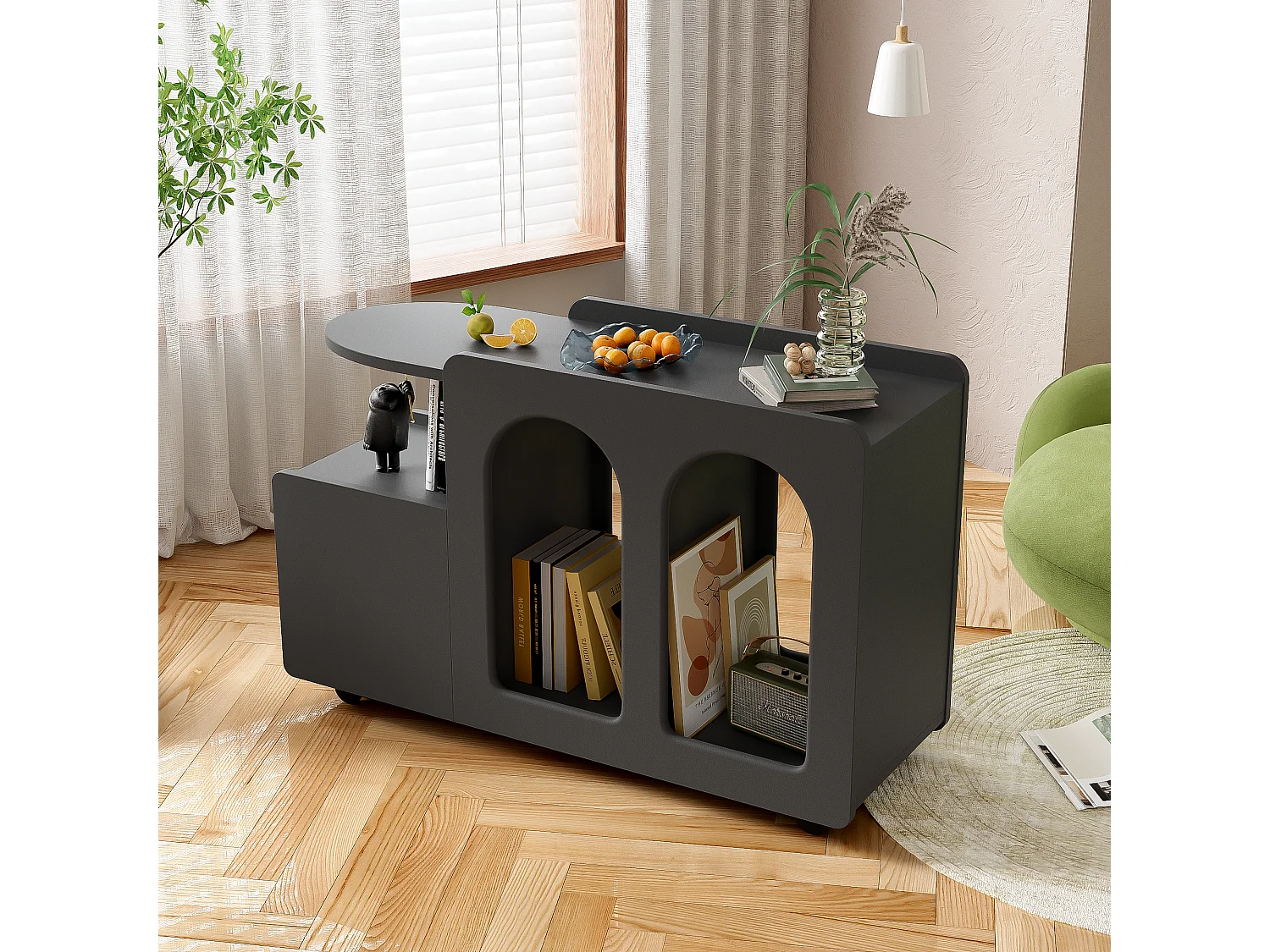 Buffet amovible à roulettes avec 1 tiroir et 3 compartiments - 82 x 30 x 53 cm - Panneau de particules - Noir